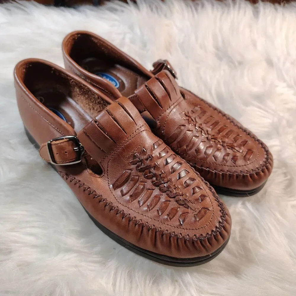 Dr. Scholls Grannycore Oxford Shoes Womens 7 Brown Leather Weave EDITH Buckle